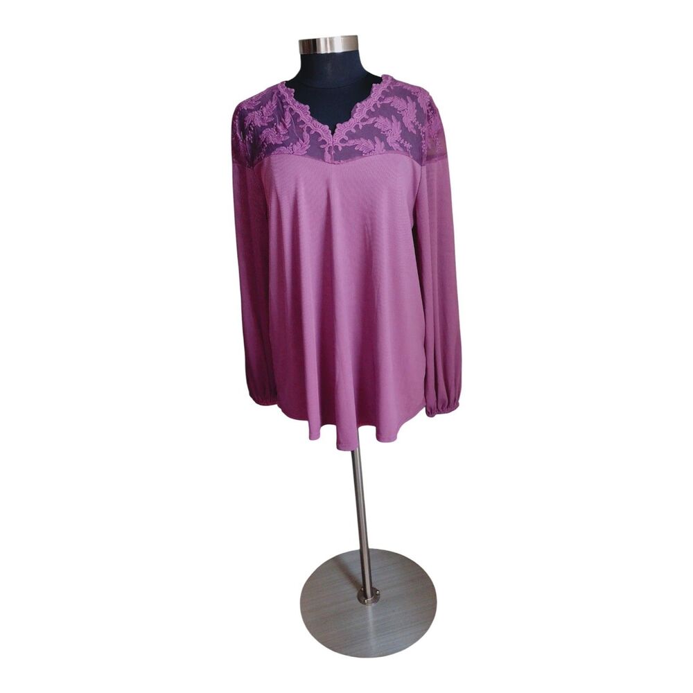 Women's Purple Lace Yoke Inset Long Sleeve Relaxed Fit Blouse Top Plus Size 2X